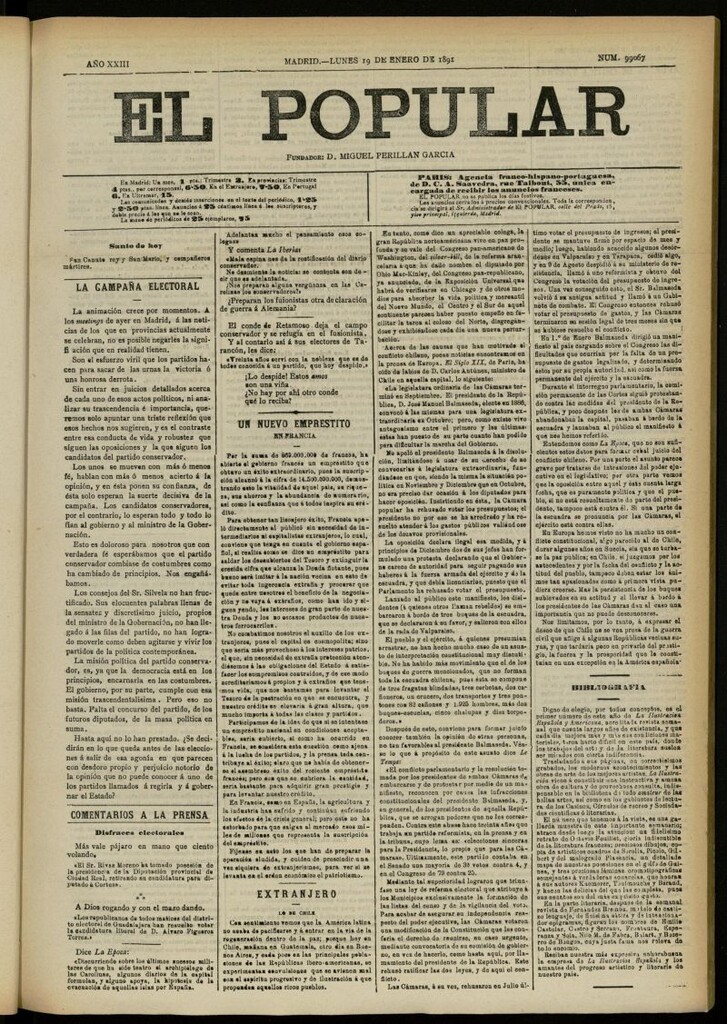 Miniatura de El Popular: diario independiente, político, literario y de noticias de interés general del 19 de enero de 1891, nº 99067 [sic]