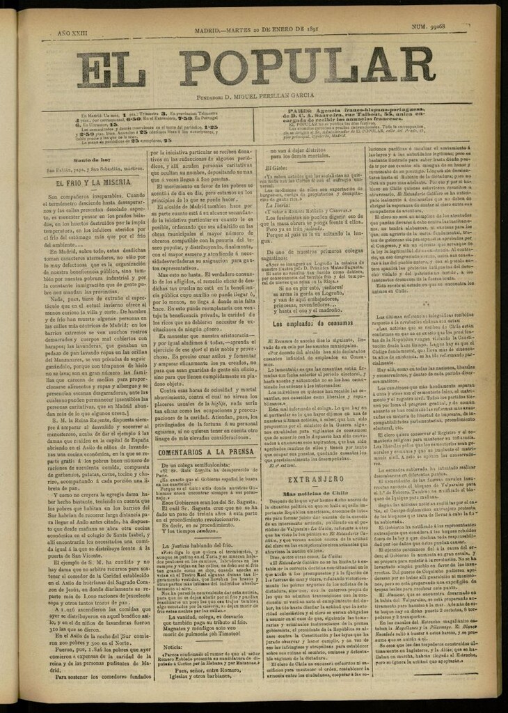Miniatura de El Popular: diario independiente, político, literario y de noticias de interés general del 20 de enero de 1891, nº 99068 [sic]