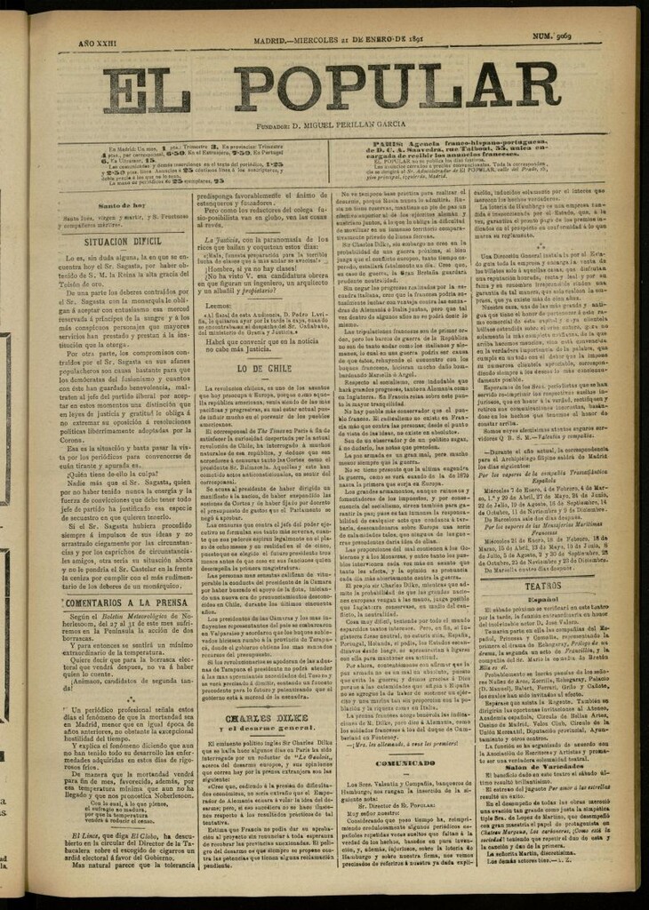Miniatura de El Popular: diario independiente, político, literario y de noticias de interés general del 21 de enero de 1891, nº 9069