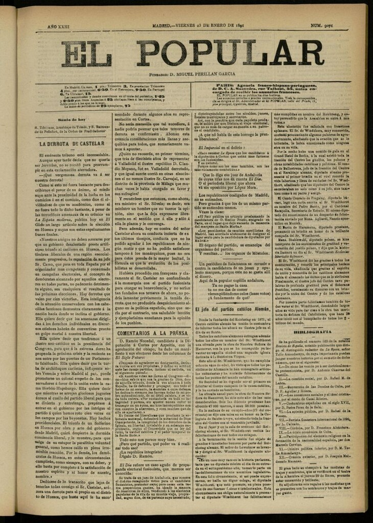 Miniatura de El Popular: diario independiente, político, literario y de noticias de interés general del 23 de enero de 1891, nº 9071
