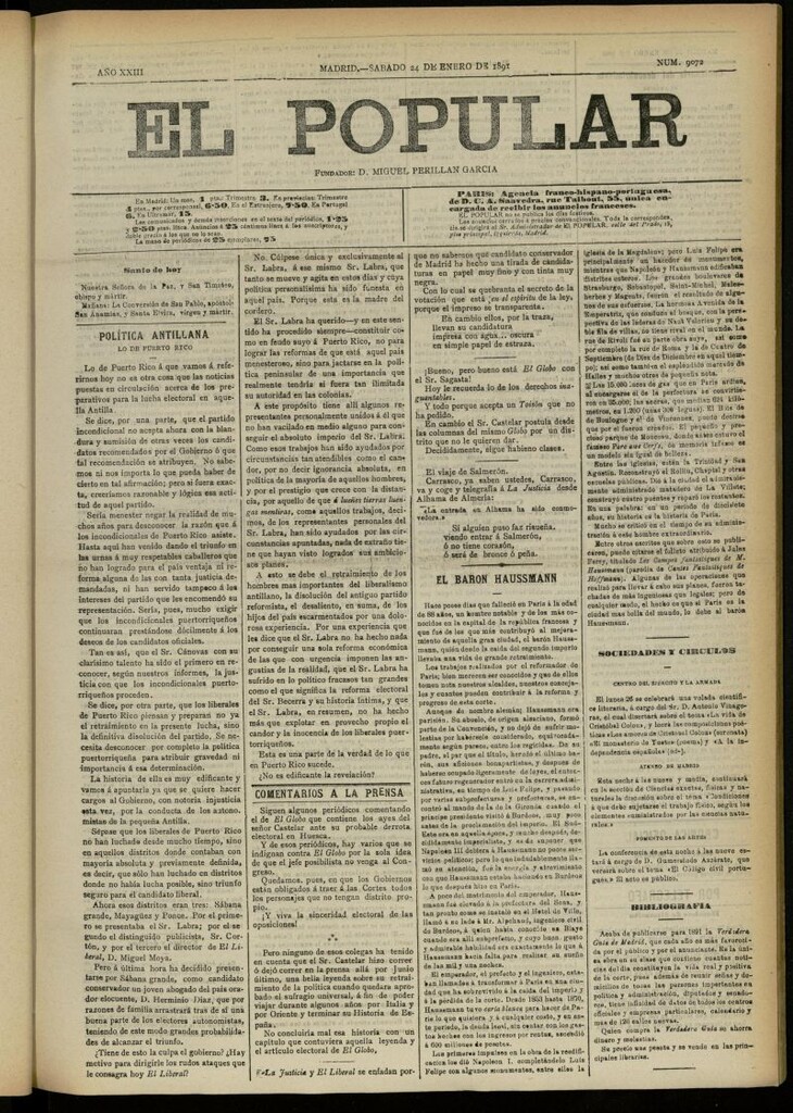 Miniatura de El Popular: diario independiente, político, literario y de noticias de interés general del 24 de enero de 1891, nº 9072