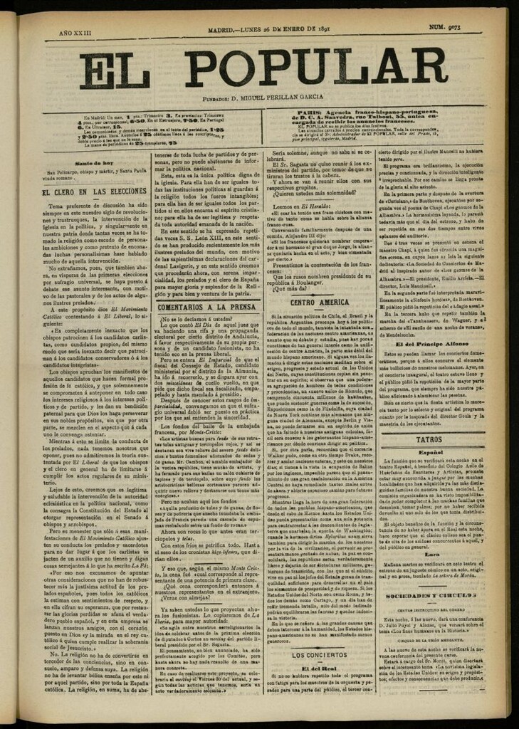 Miniatura de El Popular: diario independiente, político, literario y de noticias de interés general del 26 de enero de 1891, nº 9073