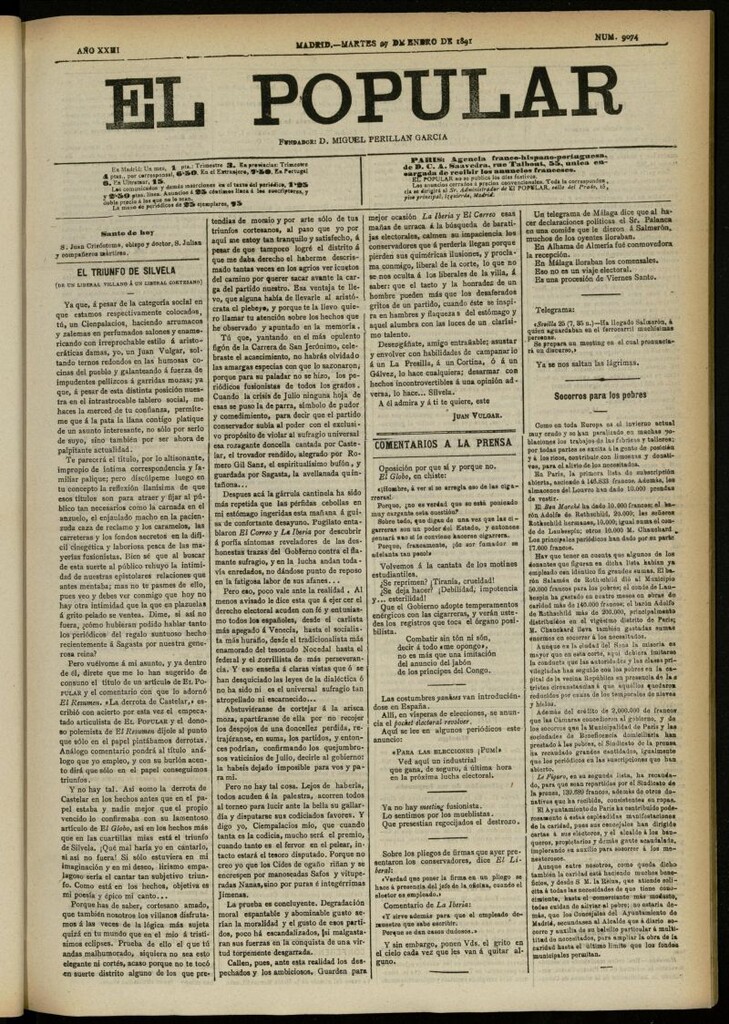 Miniatura de El Popular: diario independiente, político, literario y de noticias de interés general del 27 de enero de 1891, nº 9074