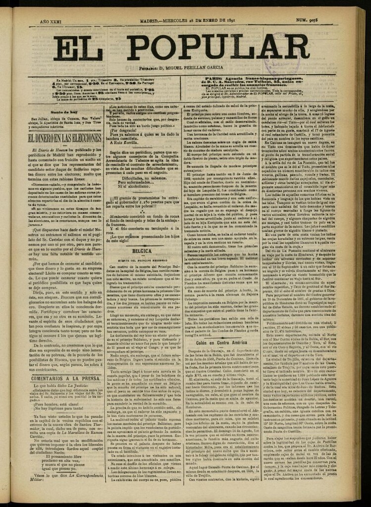 Miniatura de El Popular: diario independiente, político, literario y de noticias de interés general del 28 de enero de 1891, nº 9075