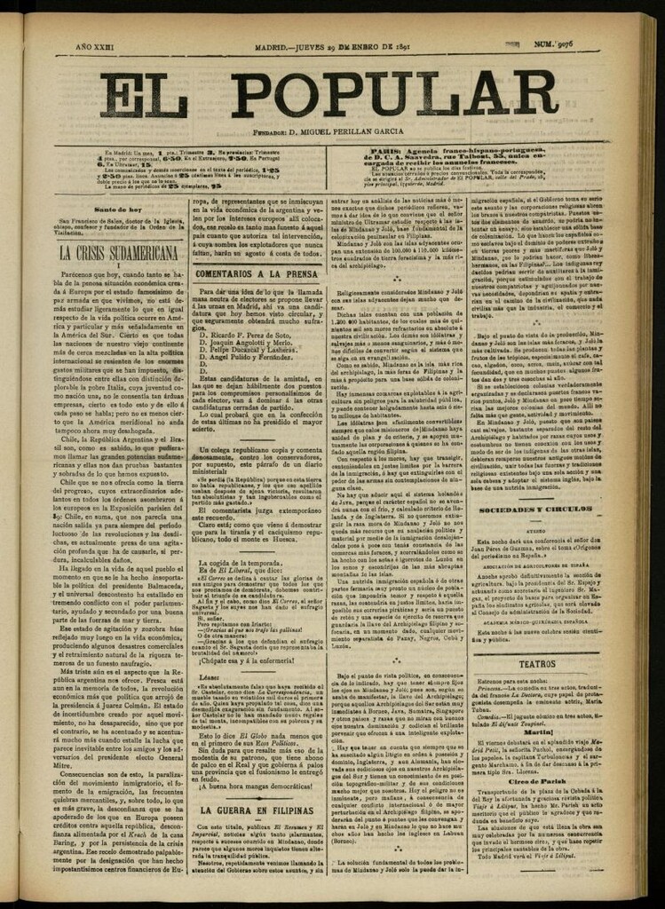 Miniatura de El Popular: diario independiente, político, literario y de noticias de interés general del 29 de enero de 1891, nº 9076