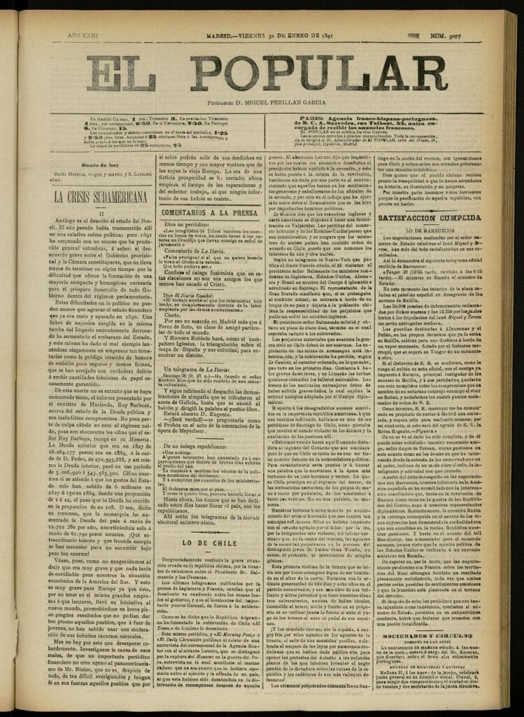 Miniatura de El Popular: diario independiente, político, literario y de noticias de interés general del 30 de enero de 1891, nº 9077