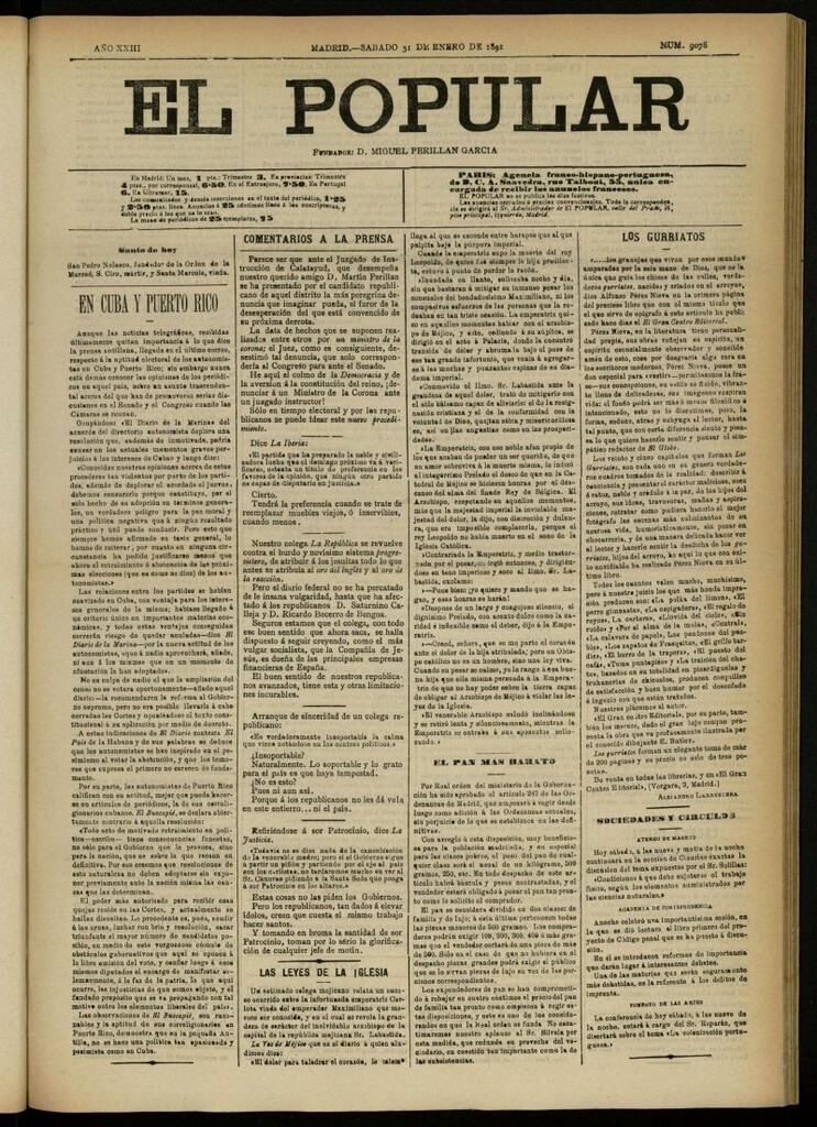 Miniatura de El Popular: diario independiente, político, literario y de noticias de interés general del 31 de enero de 1891, nº 9078