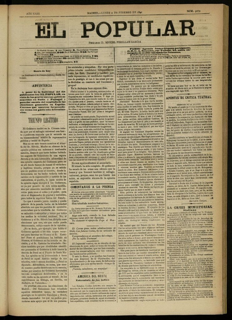 Miniatura de El Popular: diario independiente, político, literario y de noticias de interés general del 2 de febrero de 1891, nº 9079