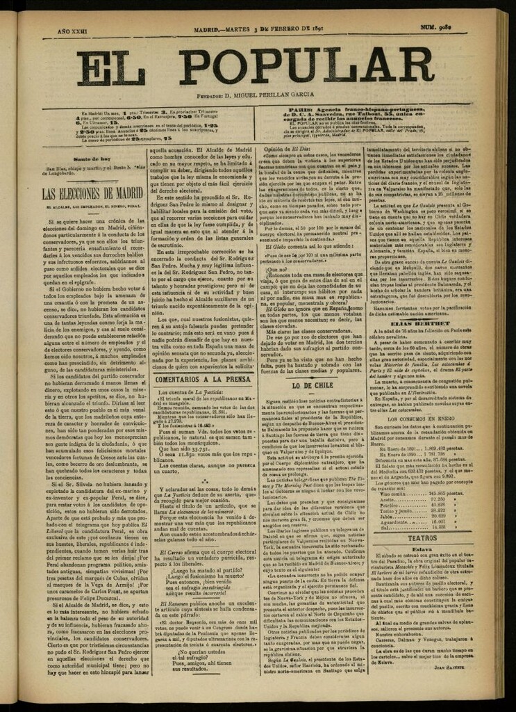 Miniatura de El Popular: diario independiente, político, literario y de noticias de interés general del 3 de febrero de 1891, nº 9080