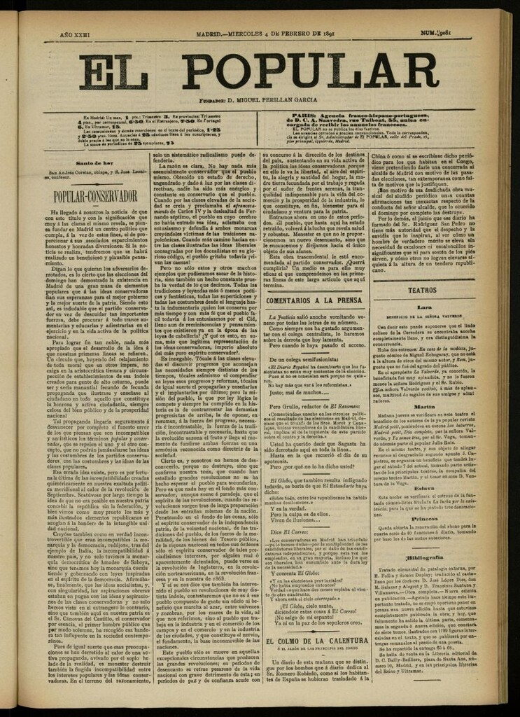 Miniatura de El Popular: diario independiente, político, literario y de noticias de interés general del 4 de febrero de 1891, nº 9081