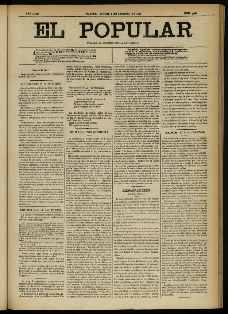 Miniatura de El Popular: diario independiente, político, literario y de noticias de interés general del 5 de febrero de 1891, nº 9082
