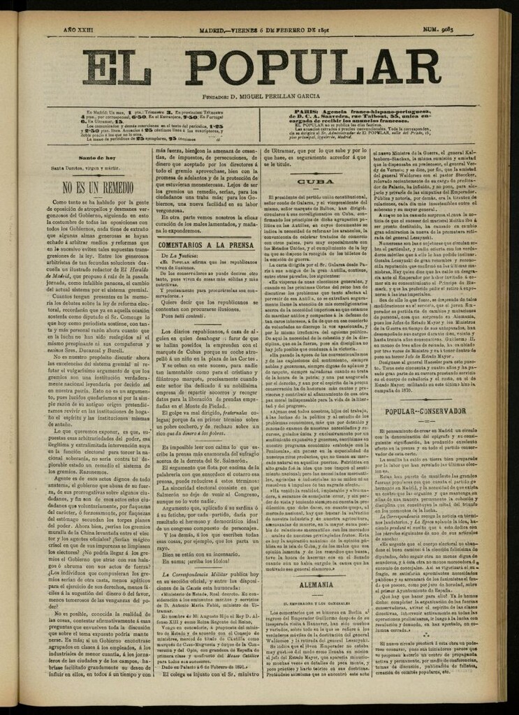 Miniatura de El Popular: diario independiente, político, literario y de noticias de interés general del 6 de febrero de 1891, nº 9083