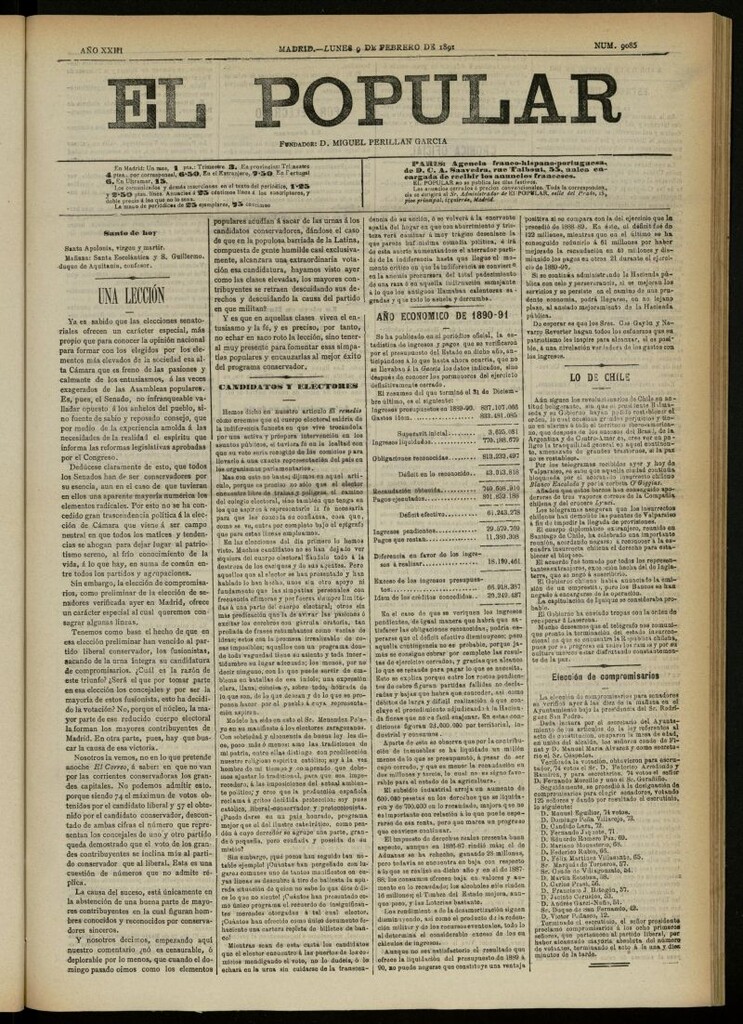 Miniatura de El Popular: diario independiente, político, literario y de noticias de interés general del 9 de febrero de 1891, nº 9085