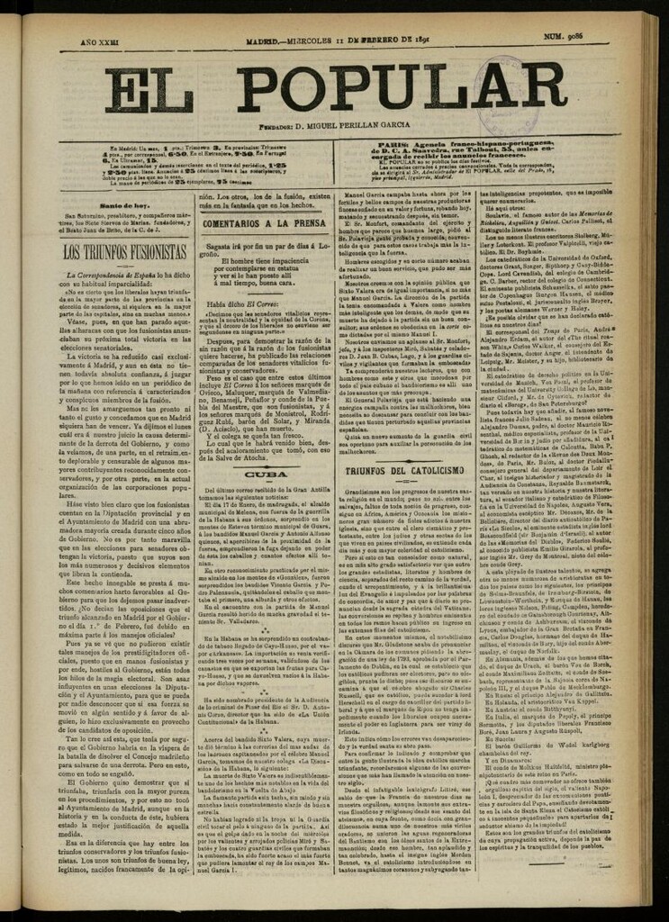 Miniatura de El Popular: diario independiente, político, literario y de noticias de interés general del 11 de febrero de 1891, nº 9086