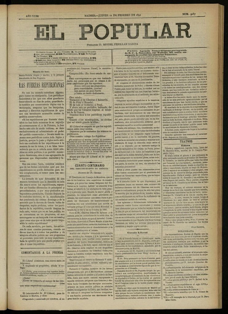 Miniatura de El Popular: diario independiente, político, literario y de noticias de interés general del 12 de febrero de 1891, nº 9087