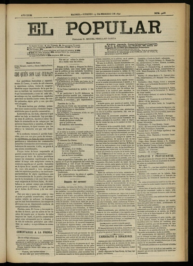 Miniatura de El Popular: diario independiente, político, literario y de noticias de interés general del 13 de febrero de 1891, nº 9088