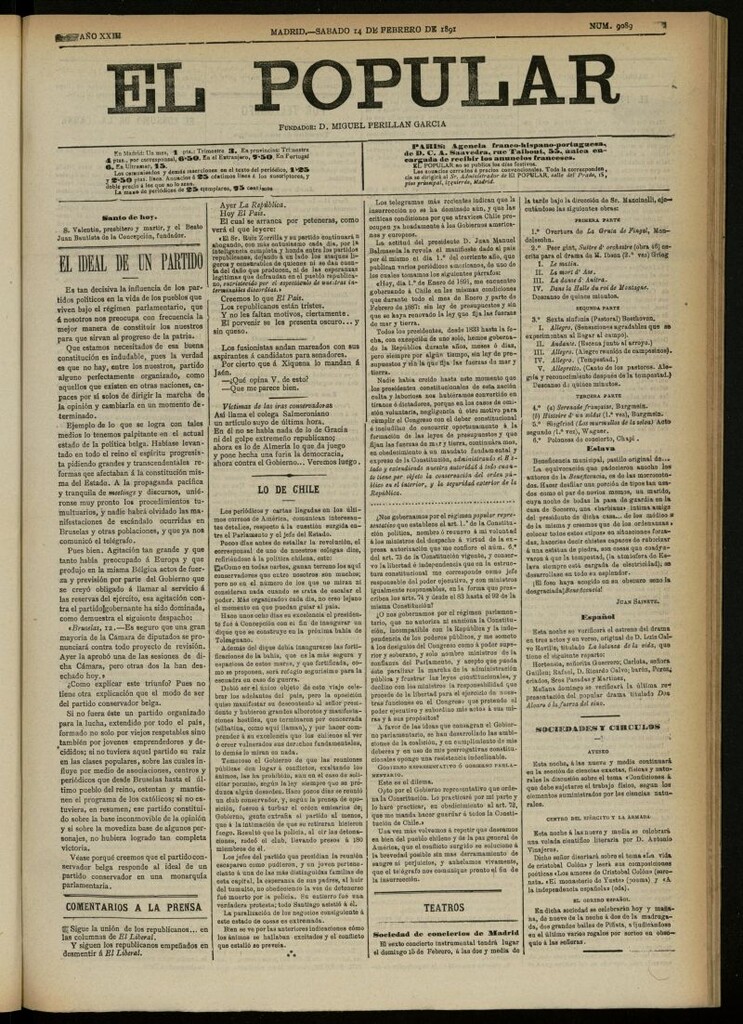 Miniatura de El Popular: diario independiente, político, literario y de noticias de interés general del 14 de febrero de 1891, nº 9089