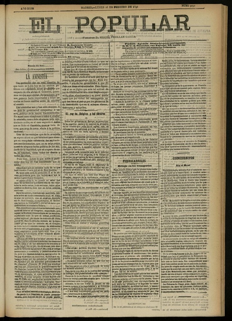 Miniatura de El Popular: diario independiente, político, literario y de noticias de interés general del 16 de febrero de 1891, nº 9090