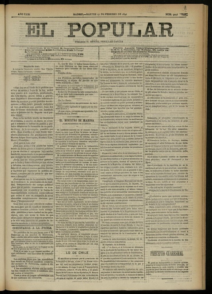 Miniatura de El Popular: diario independiente, político, literario y de noticias de interés general del 17 de febrero de 1891, nº 9091