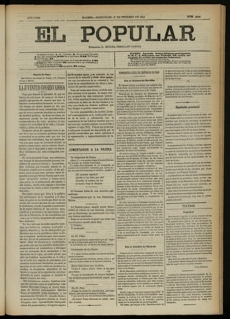 Miniatura de El Popular: diario independiente, político, literario y de noticias de interés general del 18 de febrero de 1891, nº 9092