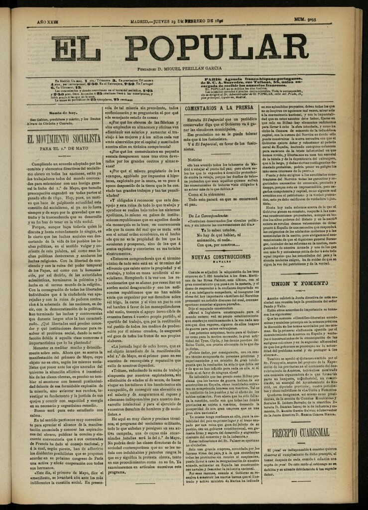 Miniatura de El Popular: diario independiente, político, literario y de noticias de interés general del 19 de febrero de 1891, nº 9093