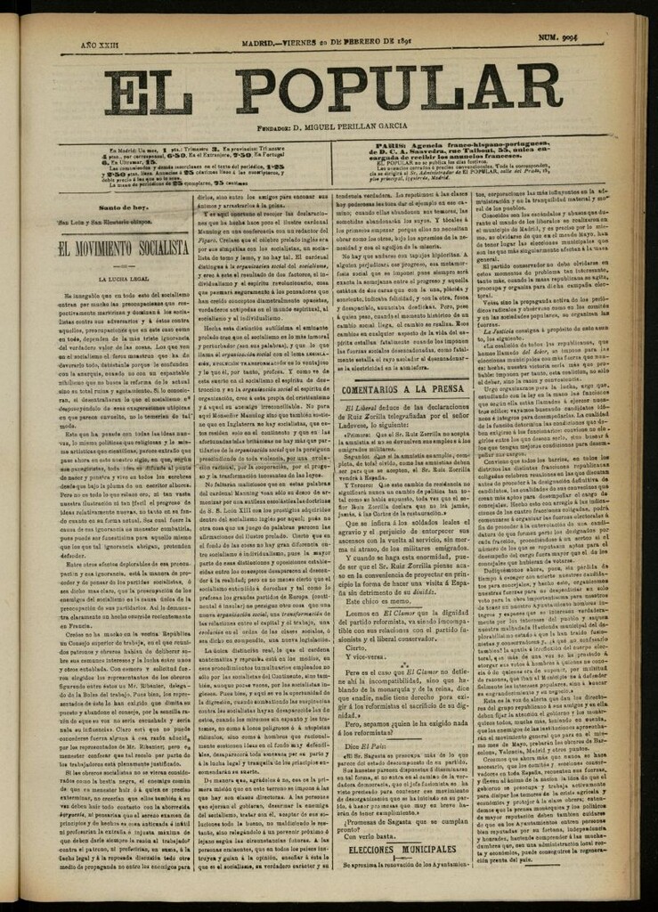 Miniatura de El Popular: diario independiente, político, literario y de noticias de interés general del 20 de febrero de 1891, nº 9094