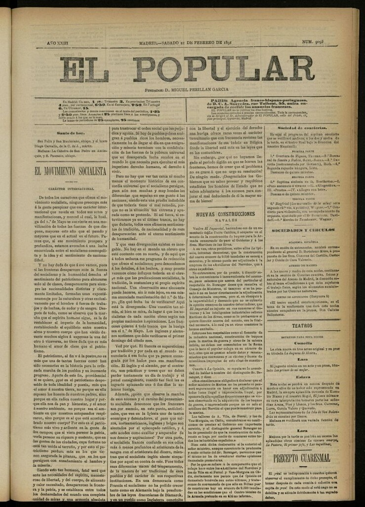 Miniatura de El Popular: diario independiente, político, literario y de noticias de interés general del 21 de febrero de 1891, nº 9095
