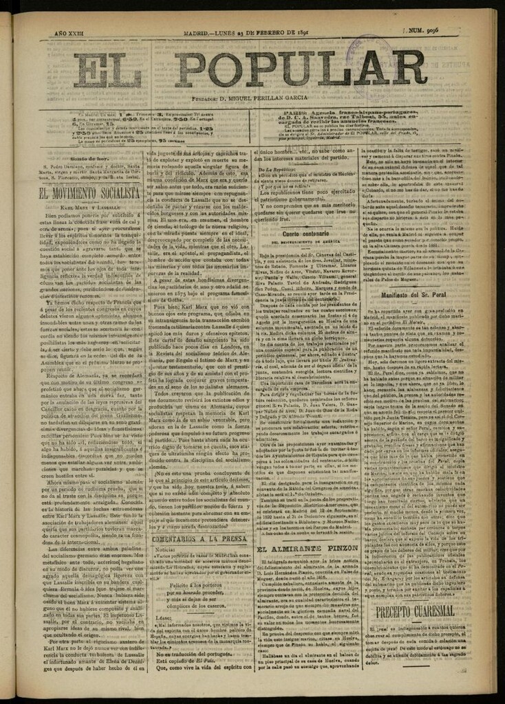 Miniatura de El Popular: diario independiente, político, literario y de noticias de interés general del 23 de febrero de 1891, nº 9096