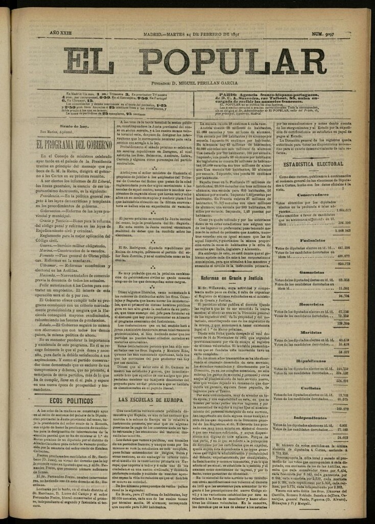 Miniatura de El Popular: diario independiente, político, literario y de noticias de interés general del 24 de febrero de 1891, nº 9097
