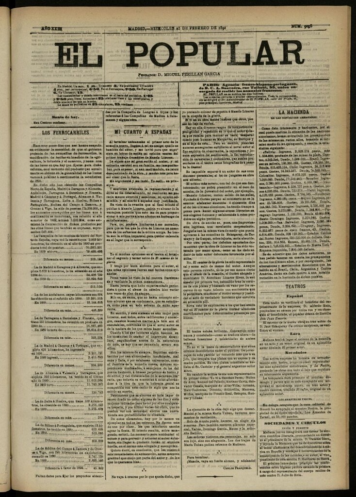 Miniatura de El Popular: diario independiente, político, literario y de noticias de interés general del 25 de febrero de 1891, nº 9098