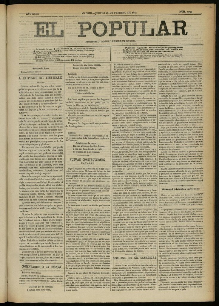 Miniatura de El Popular: diario independiente, político, literario y de noticias de interés general del 26 de febrero de 1891, nº 9099