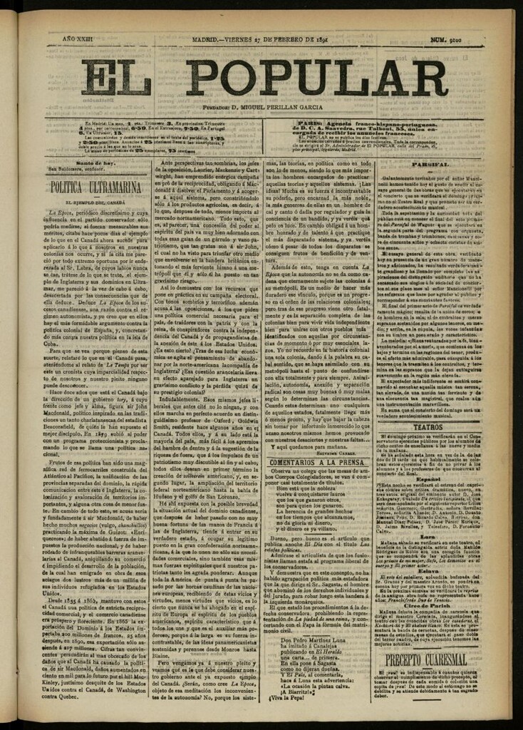 Miniatura de El Popular: diario independiente, político, literario y de noticias de interés general del 27 de febrero de 1891, nº 9100