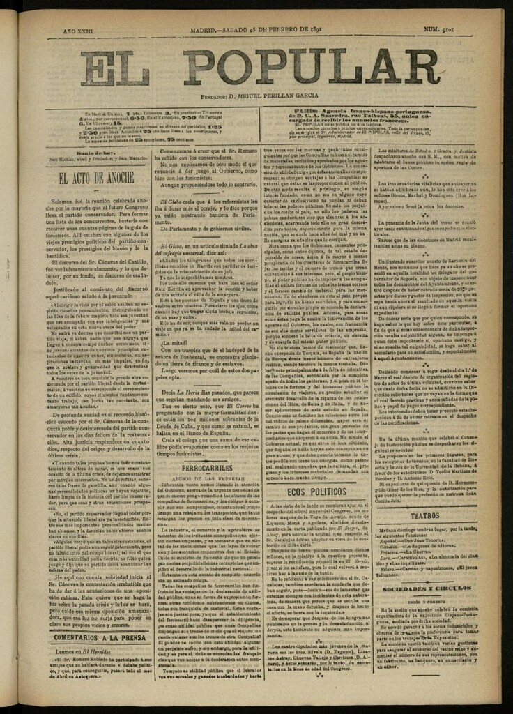Miniatura de El Popular: diario independiente, político, literario y de noticias de interés general del 28 de febrero de 1891, nº 9101