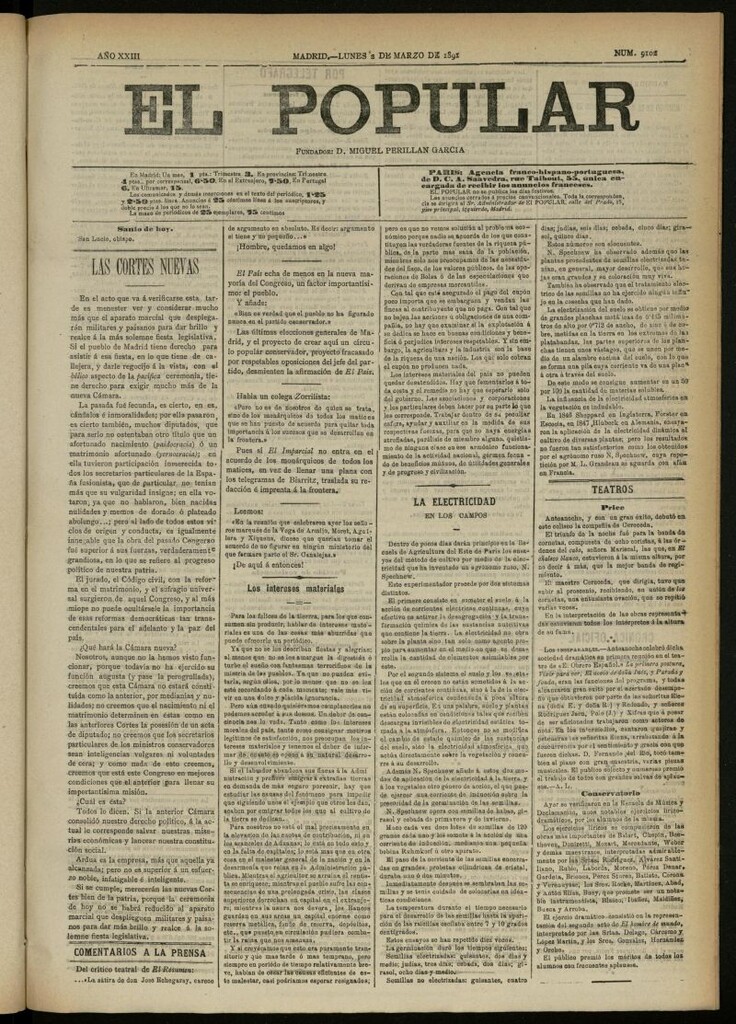 Miniatura de El Popular: diario independiente, político, literario y de noticias de interés general del 2 de marzo de 1891, nº 9102