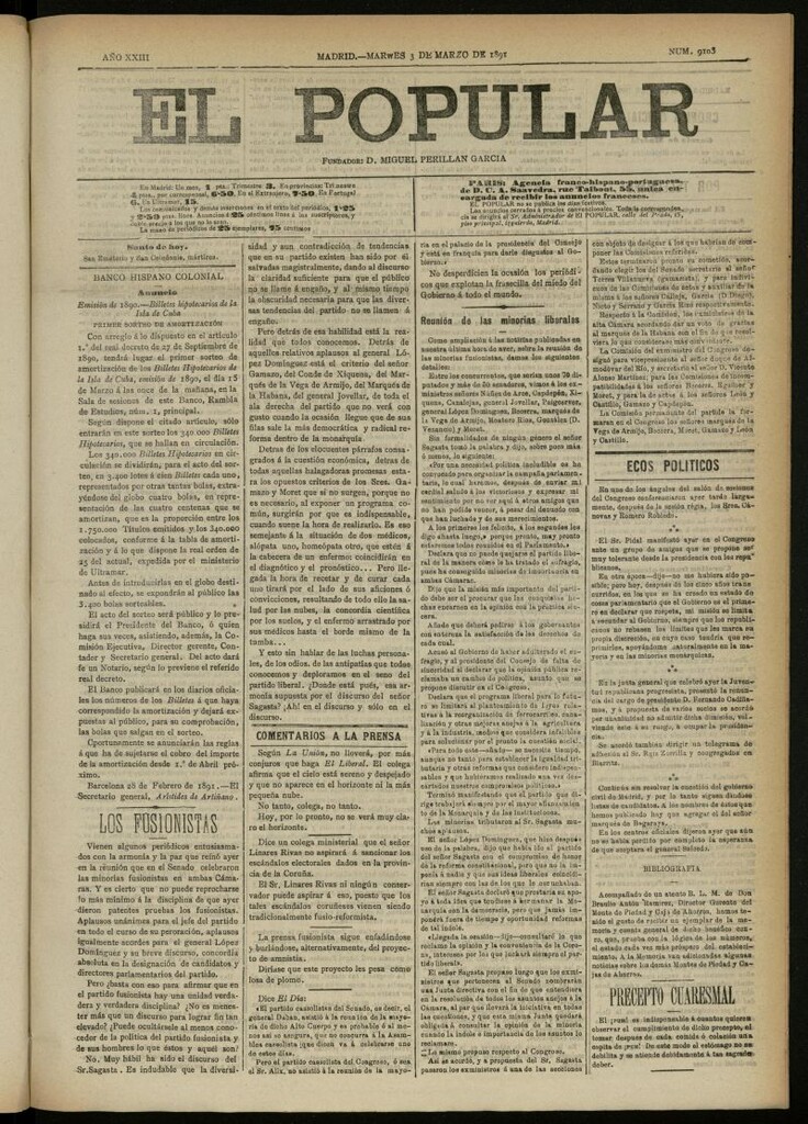 Miniatura de El Popular: diario independiente, político, literario y de noticias de interés general del 3 de marzo de 1891, nº 9103