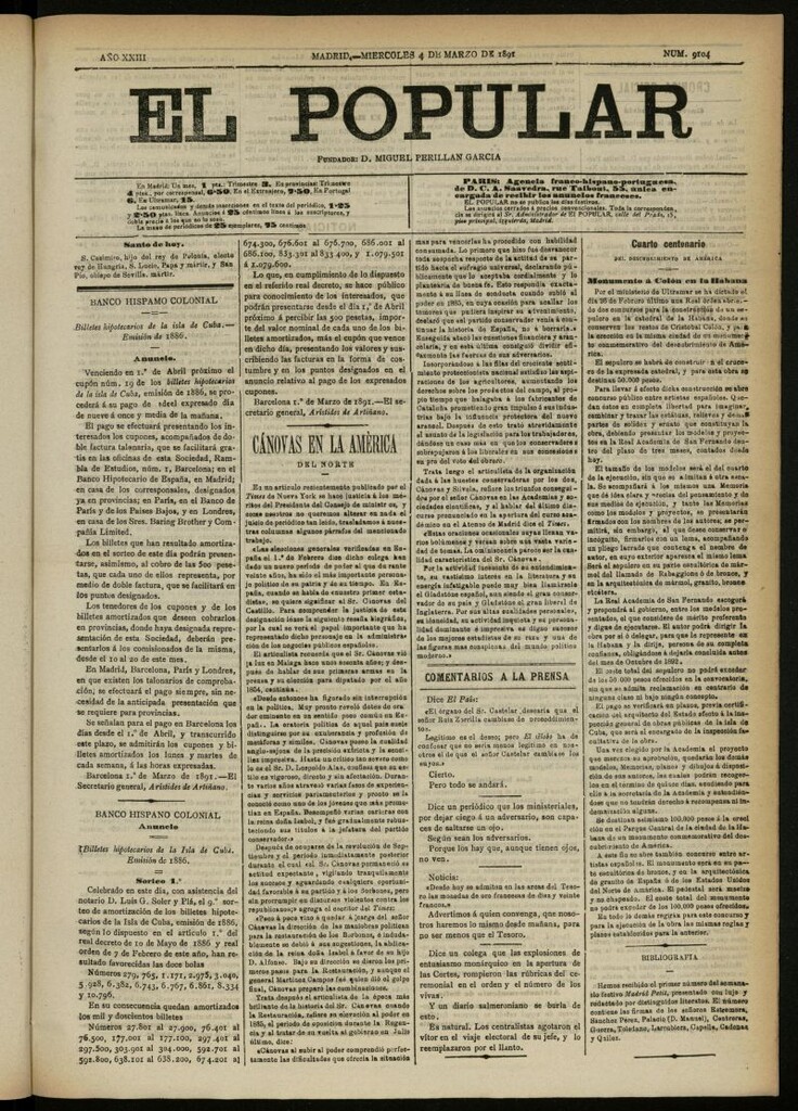 Miniatura de El Popular: diario independiente, político, literario y de noticias de interés general del 4 de marzo de 1891, nº 9104