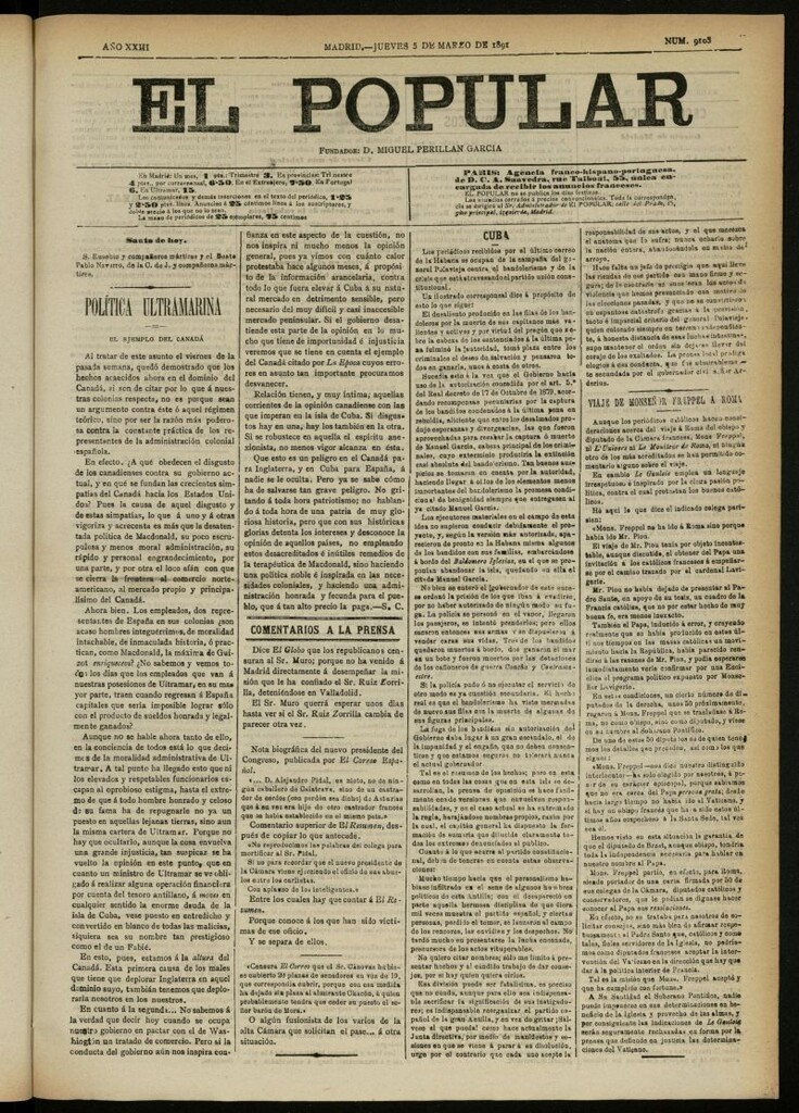 Miniatura de El Popular: diario independiente, político, literario y de noticias de interés general del 5 de marzo de 1891, nº 9105