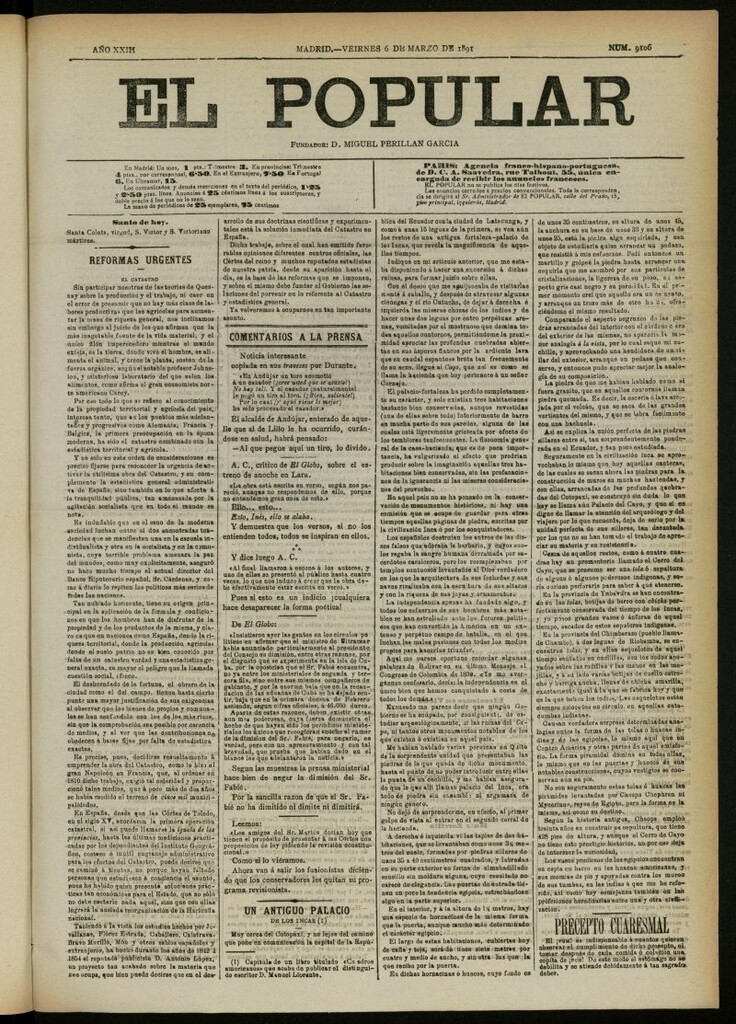 Miniatura de El Popular: diario independiente, político, literario y de noticias de interés general del 6 de marzo de 1891, nº 9106