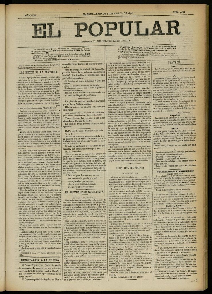 Miniatura de El Popular: diario independiente, político, literario y de noticias de interés general del 7 de marzo de 1891, nº 9107
