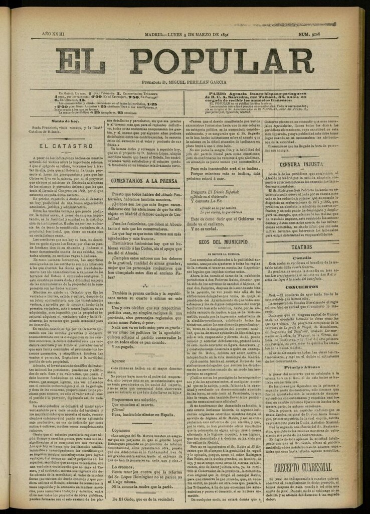 Miniatura de El Popular: diario independiente, político, literario y de noticias de interés general del 9 de marzo de 1891, nº 9108