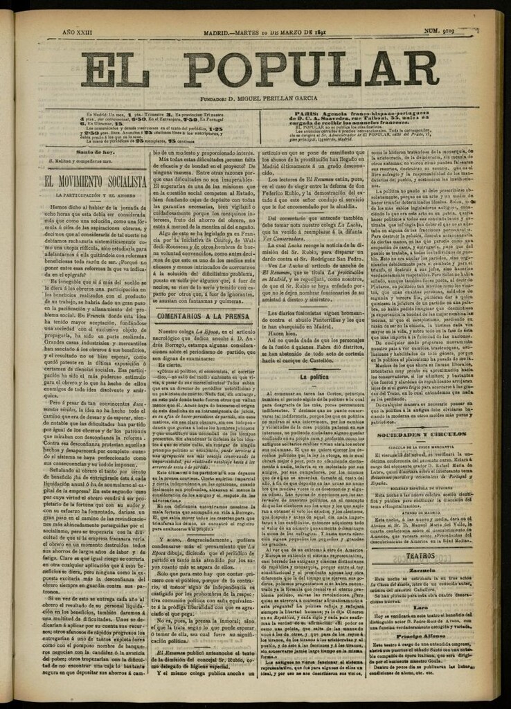 Miniatura de El Popular: diario independiente, político, literario y de noticias de interés general del 10 de marzo de 1891, nº 9109