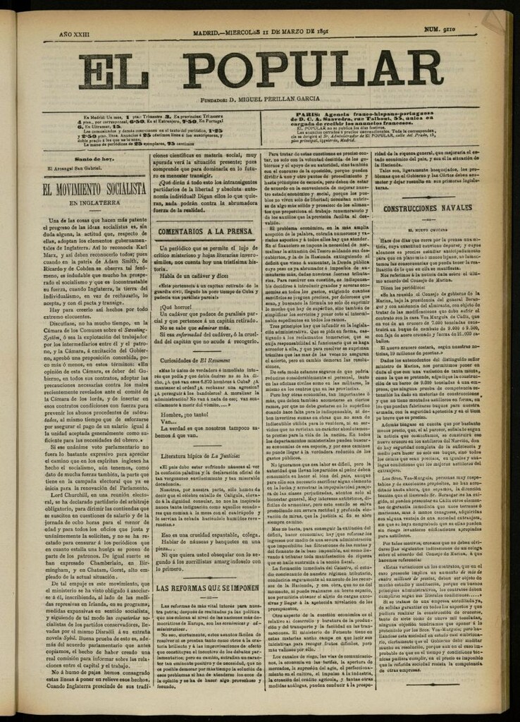 Miniatura de El Popular: diario independiente, político, literario y de noticias de interés general del 11 de marzo de 1891, nº 9110