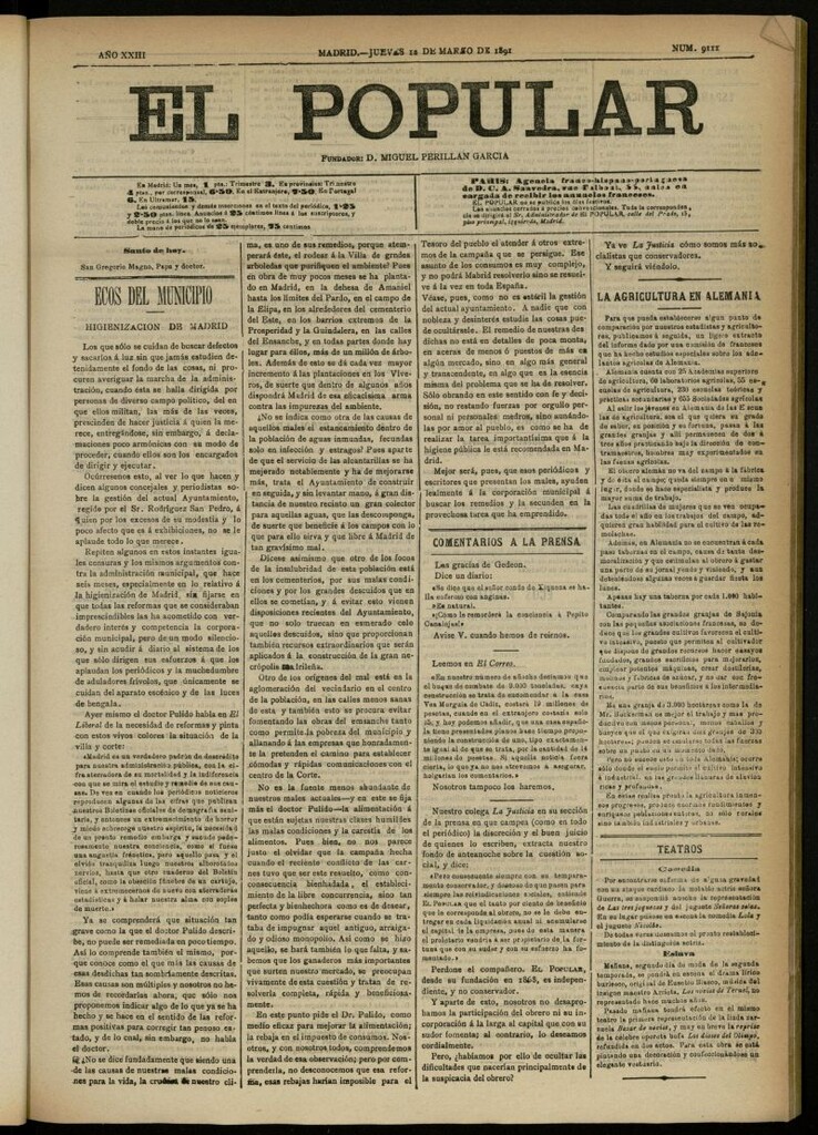 Miniatura de El Popular: diario independiente, político, literario y de noticias de interés general del 12 de marzo de 1891, nº 9111
