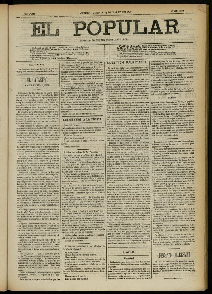 Miniatura de El Popular: diario independiente, político, literario y de noticias de interés general del 13 de marzo de 1891, nº 9112