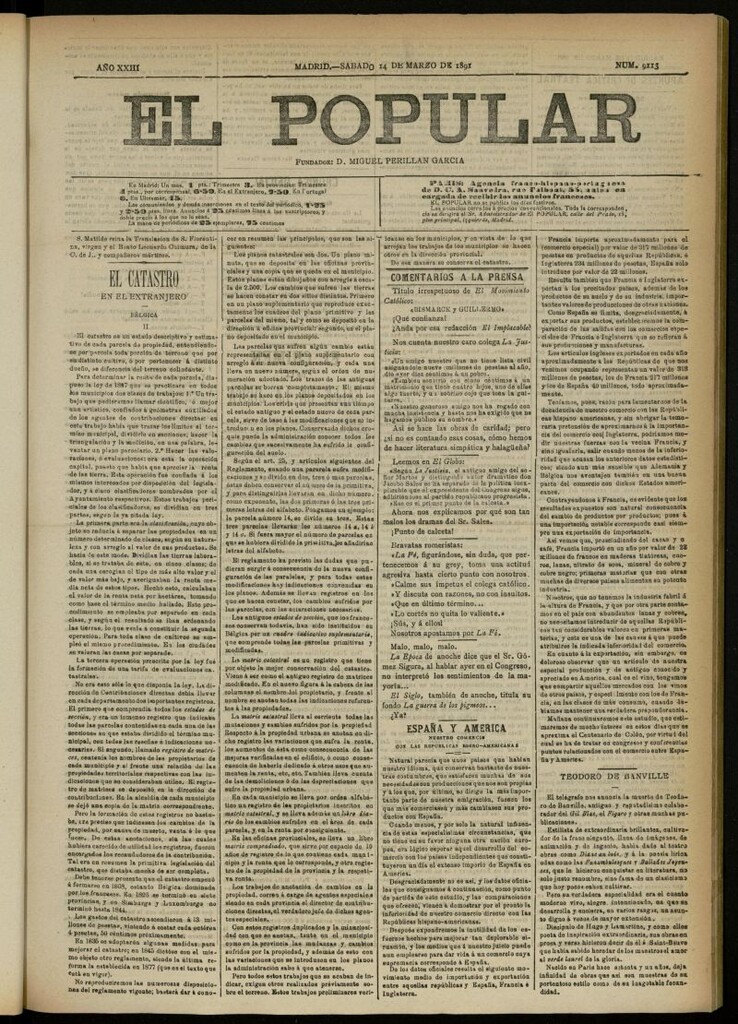 Miniatura de El Popular: diario independiente, político, literario y de noticias de interés general del 14 de marzo de 1891, nº 9113