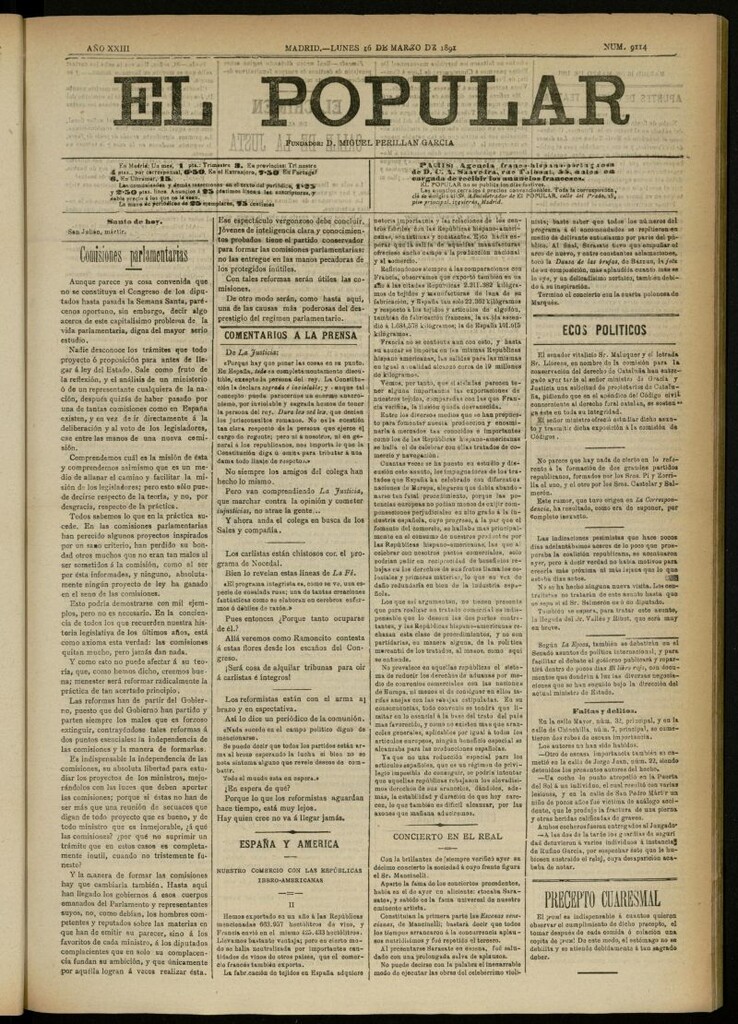 Miniatura de El Popular: diario independiente, político, literario y de noticias de interés general del 16 de marzo de 1891, nº 9114