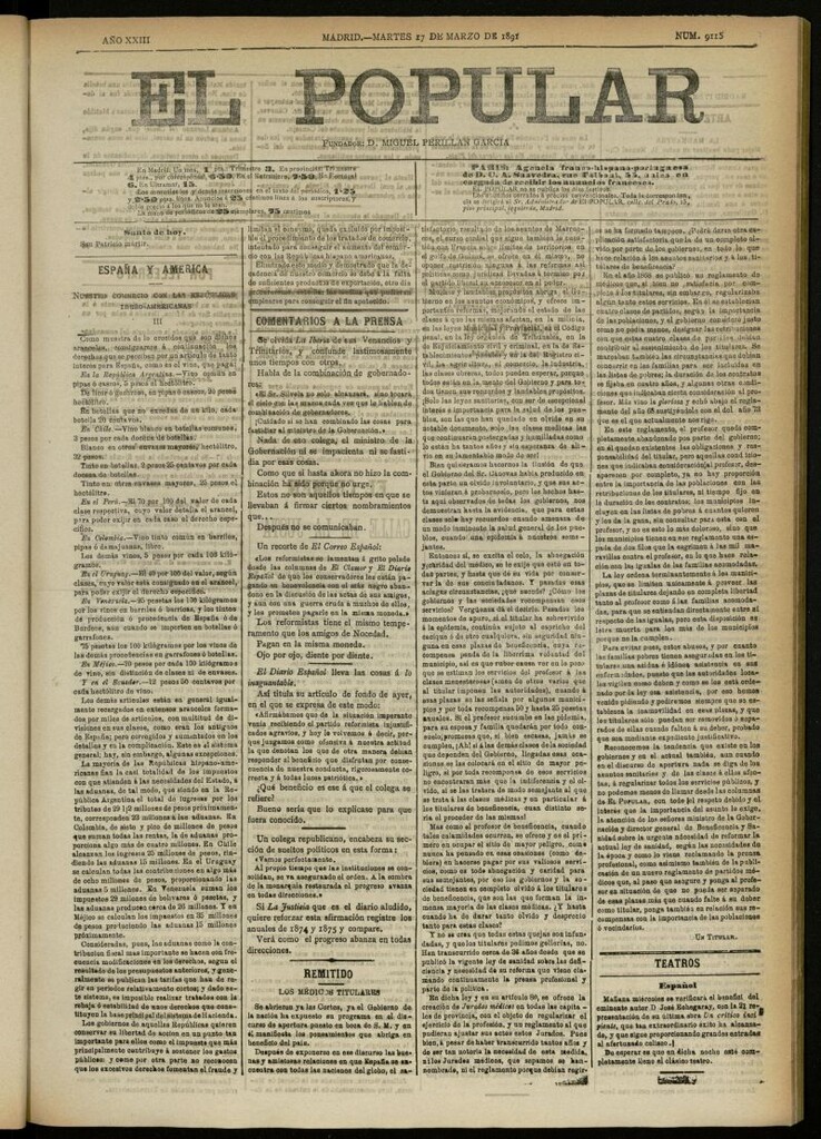 Miniatura de El Popular: diario independiente, político, literario y de noticias de interés general del 17 de marzo de 1891, nº 9115