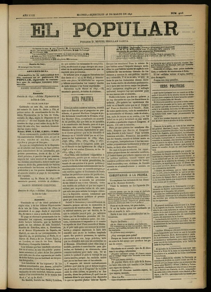 Miniatura de El Popular: diario independiente, político, literario y de noticias de interés general del 18 de marzo de 1891, nº 9116