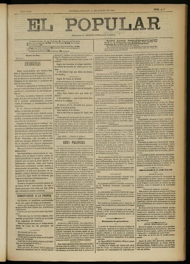 Miniatura de El Popular: diario independiente, político, literario y de noticias de interés general del 21 de marzo de 1891, nº 9118