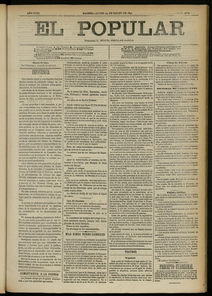 Miniatura de El Popular: diario independiente, político, literario y de noticias de interés general del 23 de marzo de 1891, nº 9119